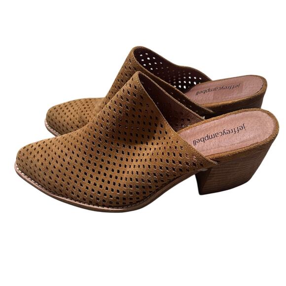 Jeffrey Campbell Favela Perforated Tan Cognac Suede Mules Slides Suede, size 10 - Picture 6 of 9